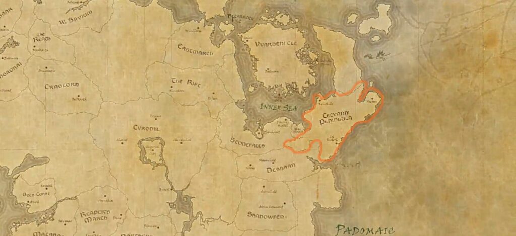 Ilustração do mapa de Elder Scrolls Online com novas zonas que chegam com o DLC Necrom