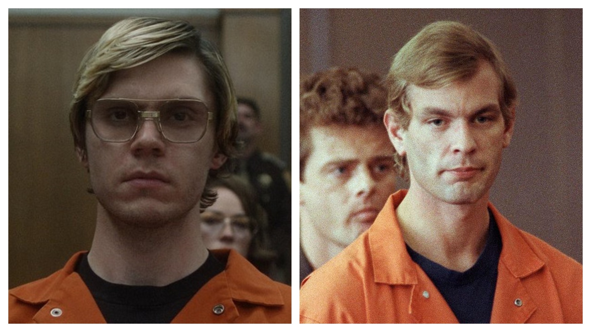 Colagem coloca o ator Evan Peters em seu papel como Jeffrey Dahmer, ao lado do próprio Dahmer, durante seu julgamento