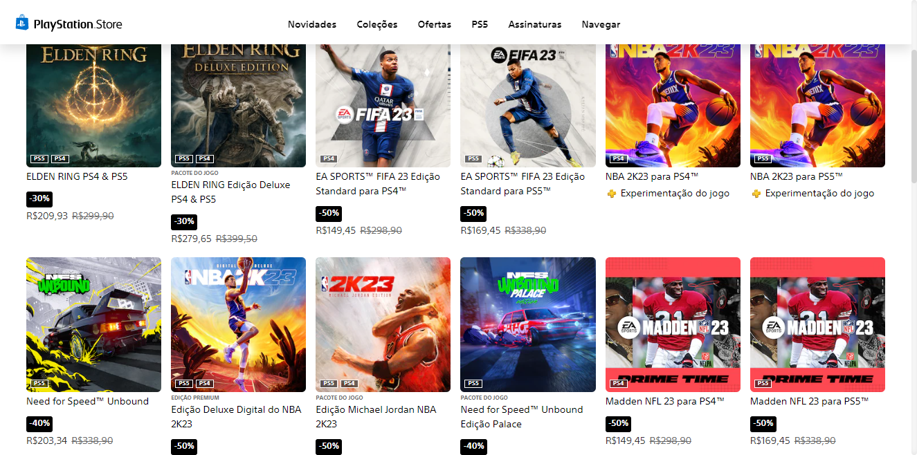 Captura de tela mostra alguns dos jogos em promoção da PlayStation Store