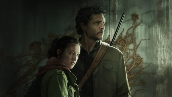 Pôster de divulgação da série The Last of Us, com Pedro Pascal e Bella Ramsey olhando para o espectador