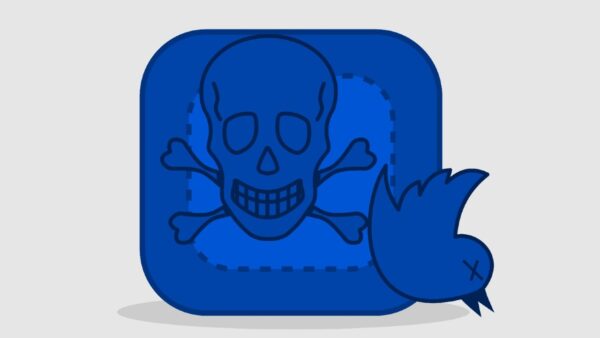 Imagem de uma caveira expulsando o logotipo do Twitter de seu proprio quadro, simbolizando morte da empresa