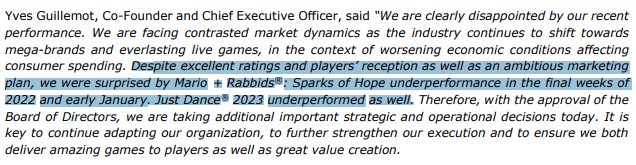 Captura mostra trecho de relatório em que a Ubisoft reclama do mau desempenho de Mario + Rabbids: Sparks of Hope