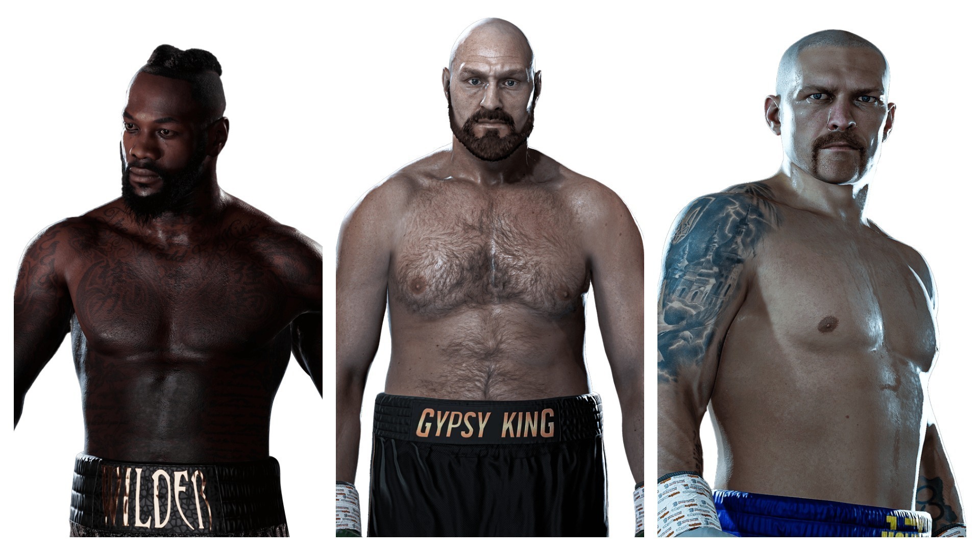 Imagem mostra versões digitais de Deontay Wilder, Tyson Fury e Oleksandr Usyk, trÊs boxeadores presentes no jogo Undisputed
