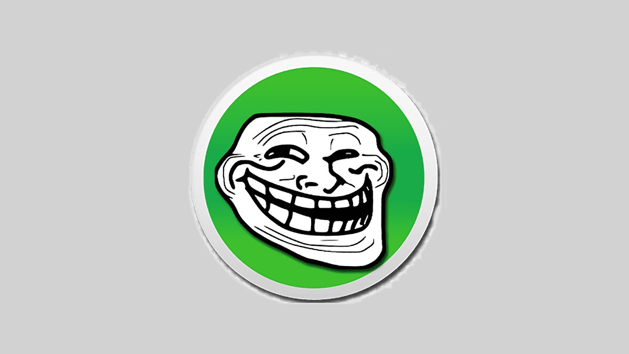 Imagem do meme "trollface" com o logotipo do WhatsApp ao fundo