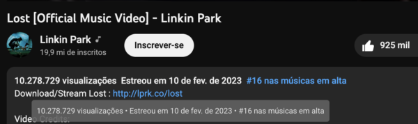 Captura de tela da descrição de Lost - música e novo videoclipe da banda Linkin Park, que já alcançou as principais posições no ranking de músicas mais escutadas da plataforma