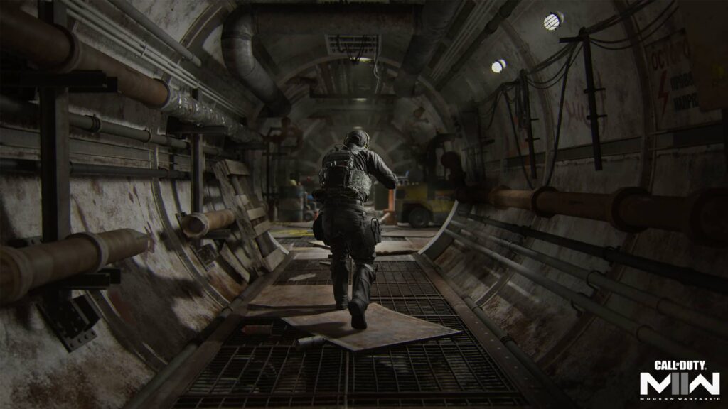 Cena da nova campanha Raid 2, que chega com a Temporada 2 de CoD Modern Warfare 2 e Warzone II; a imagem mostra um jogador entrando em um túnel