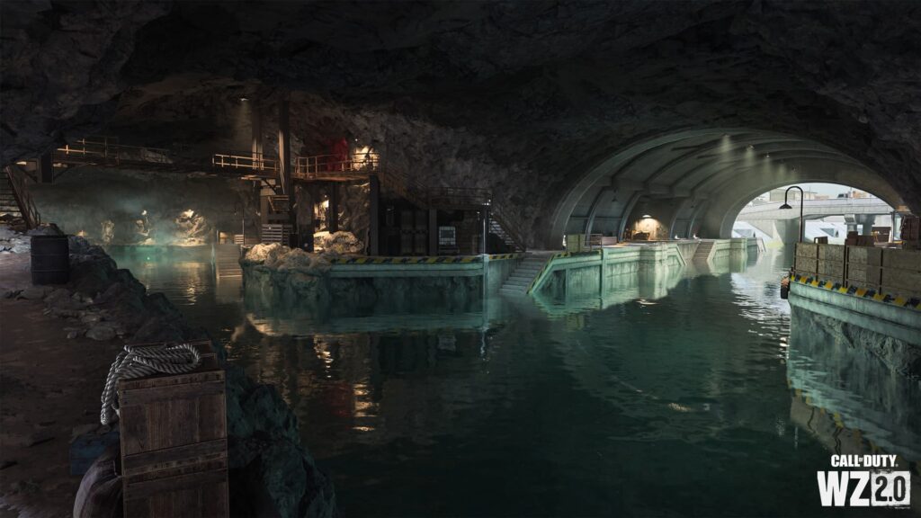 Cena de Ashika Island, novo mapa disponível na Temporada 2 de CoD Modern Warfare 2 e Warzone II; a imagem mostra a base submarina, embaixo do castelo Tsuki