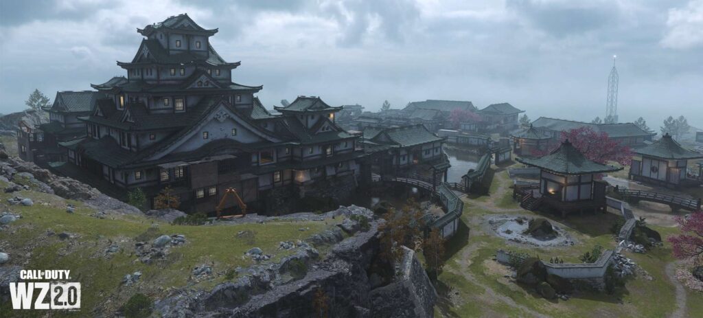 Cena de Ashika Island, novo mapa disponível na Temporada 2 de CoD Modern Warfare 2 e Warzone II; a imagem mostra o castelo Tsuki