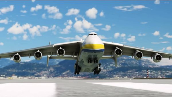 Imagem mostra cena do Antonov An-225 Mriya, o maior avião já criado e que faz sua estreia no jogo Flight Simulator, da Microsoft
