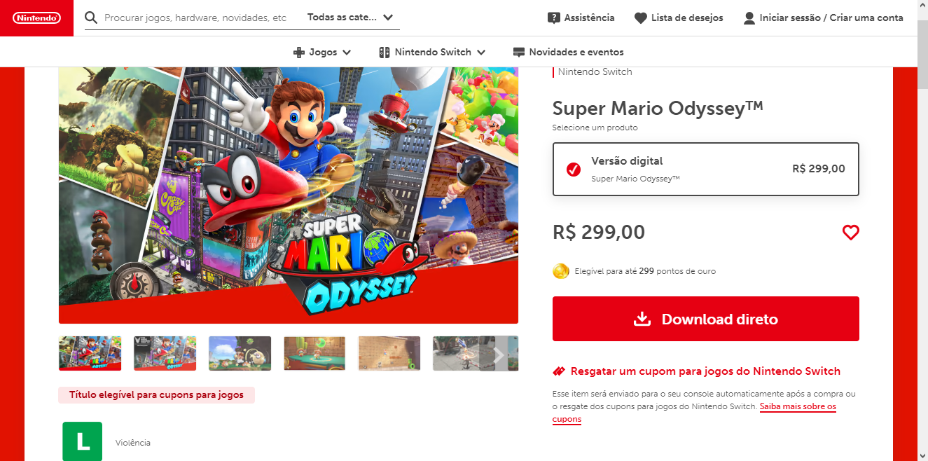 Captura de tela mostra preço de Super Mario Odyssey, da Nintendo