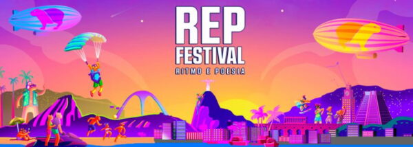 Ilustração da cidade do Rio de Janeiro em cores como roxo, amarelo e laranja, para anunciar o REP Festival - festival de rap que será transmitido pelo Amazon Music