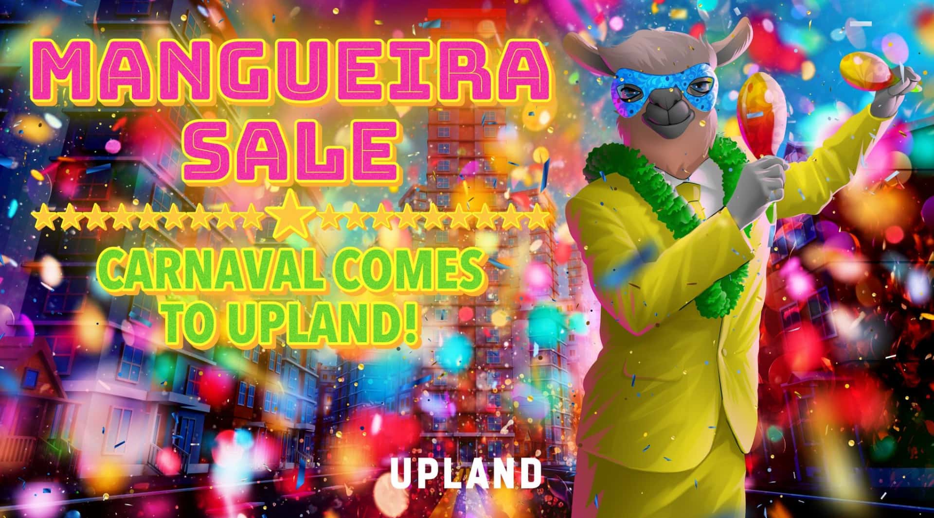 Imagem de anúncio do metaverso Upland, com a Lhama ícone da plataforma vestindo um terno amarelo e colar de pom-pom, para promover o Carnaval do metaverso