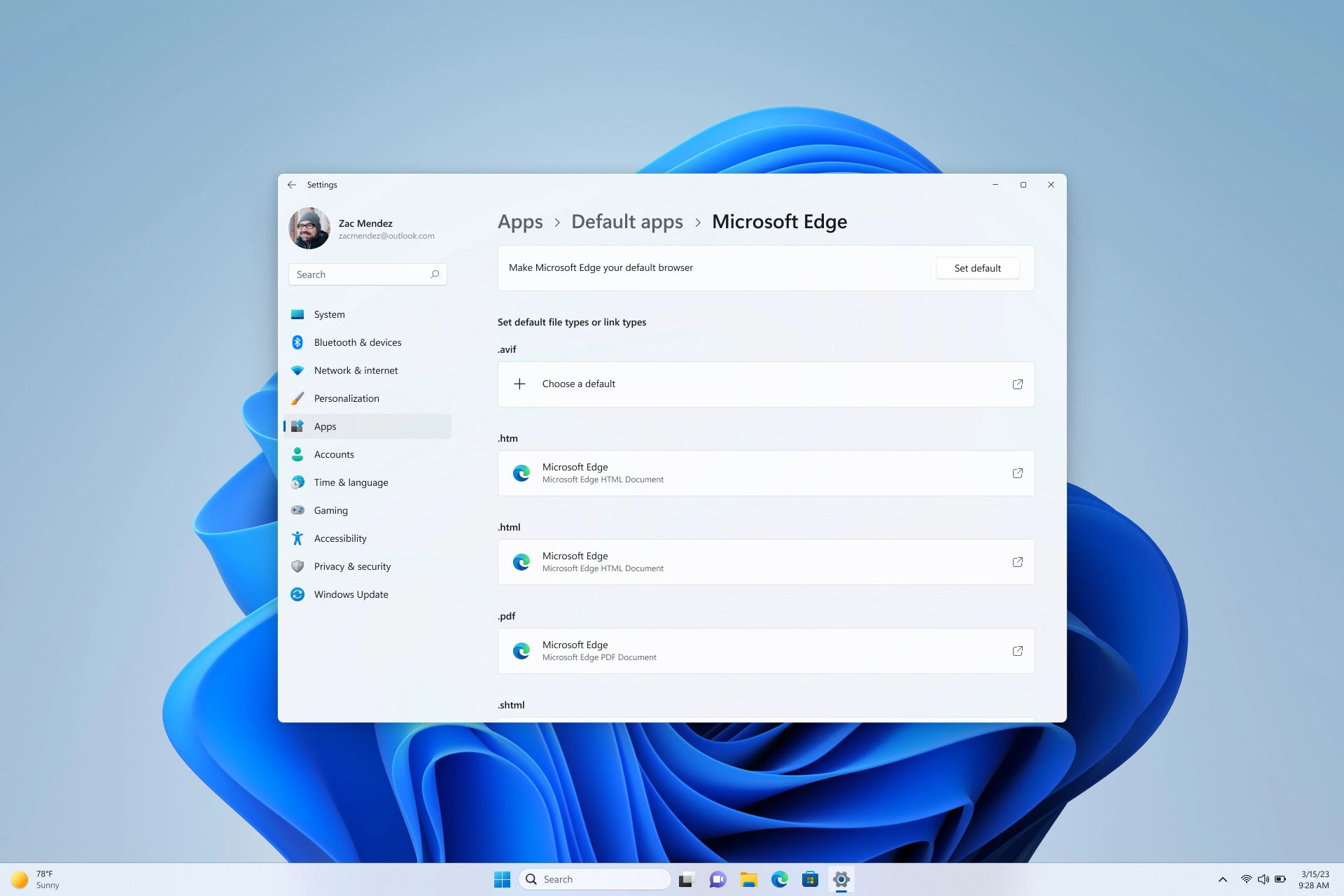 Captura de tela mostra novo formato de alteração dos apps padrão do Windows 11