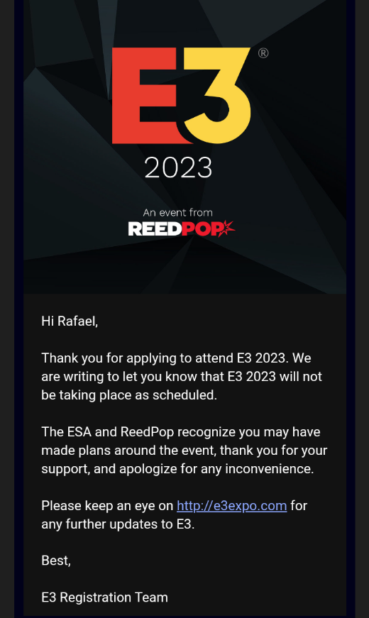 Imagem mostra email enviado pela ReedPop ao TecMasters, confirmando o cancelamento da E3 2023