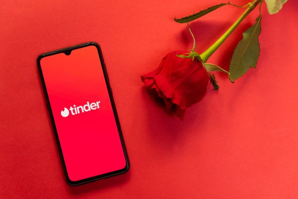 Imagem mostra tela do Tinder no celular com uma rosa vermelha ao lado