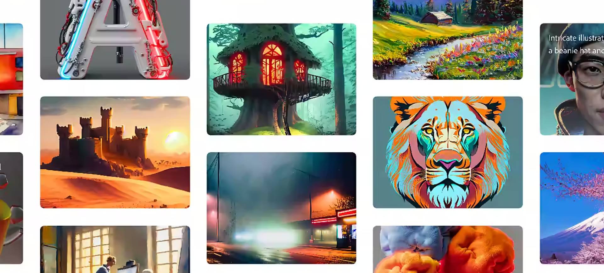 Imagem é uma junção de diversas ilustrações separadas em quadros, cada uma feita por meio do Adobe Firefly: novo pacote de recursos com IA generativa lançada pela Adobe