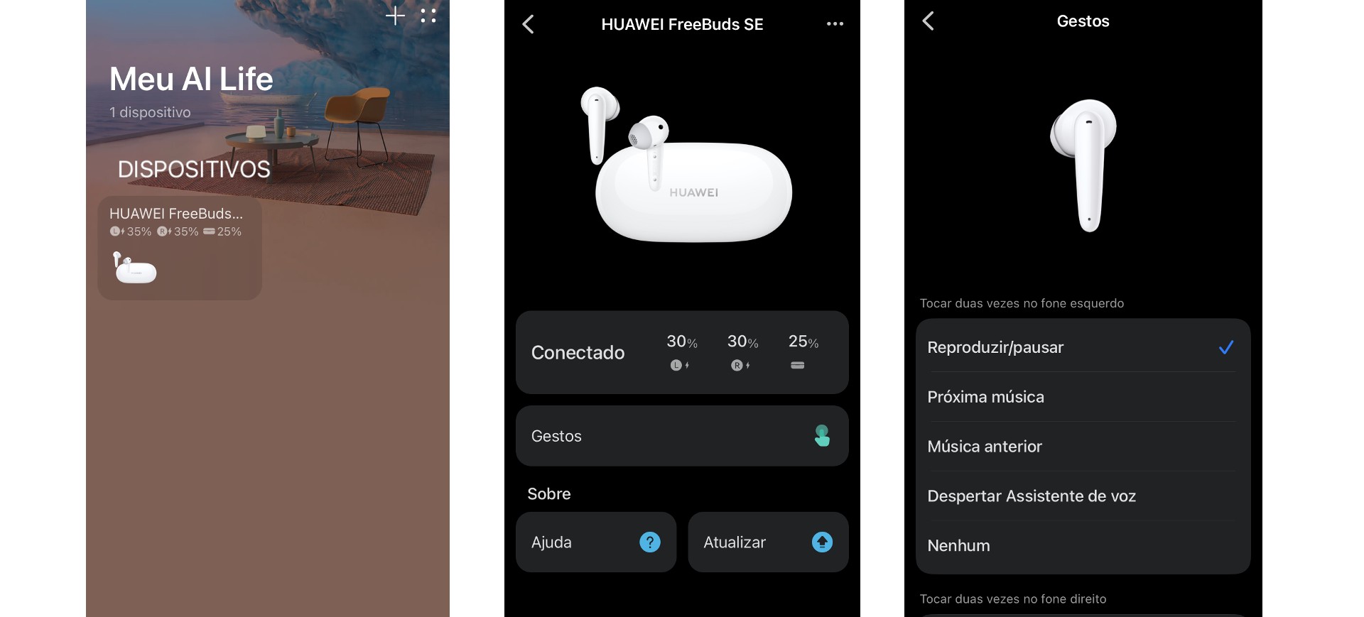 Review Huawei FreeBuds SE - imagem mostra três capturas de tela do aplicativo HUAWEI AI Life: tela inicial, que mostra o nível de bateria do produto; telas internas que mostram opções de atualização e ajuda, bem como personalização de gestos