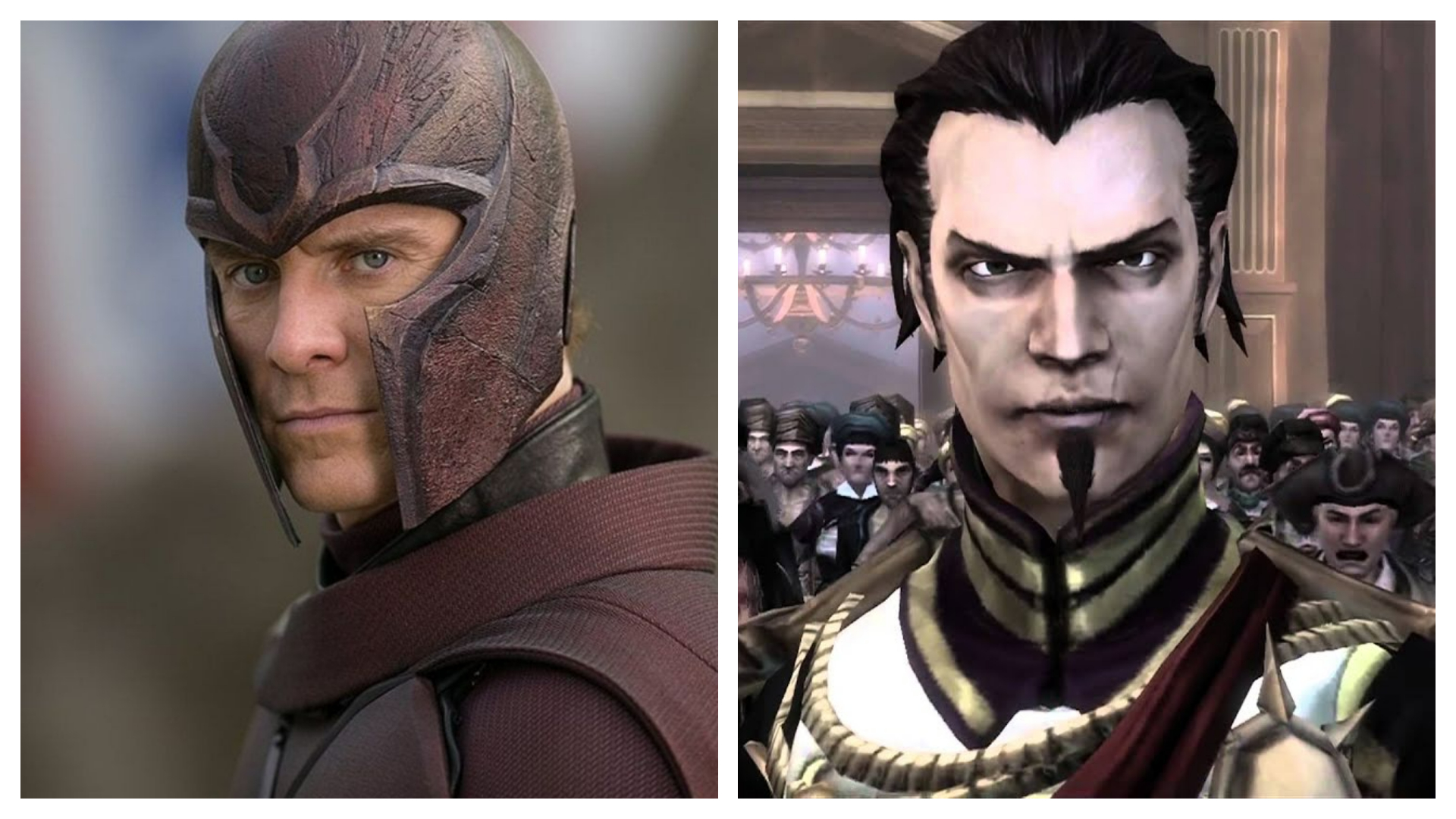 Imagem mostra o ator Michael Fassbender trajado como Magneto, ao lado de seu papel como o Re Logan, de "Fable 3"
