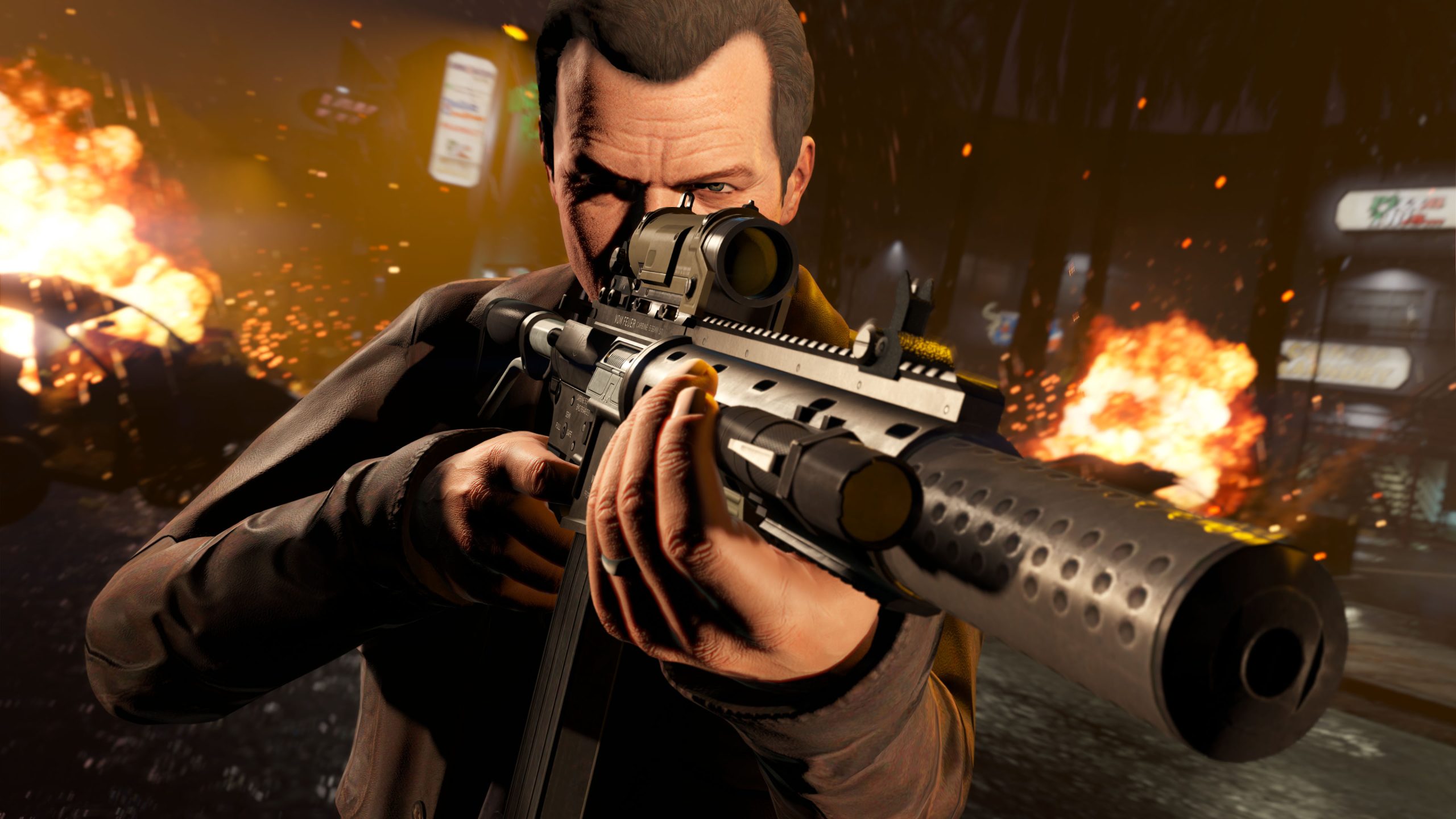 Imagem mostra Michael DeSanta, um dos três protagonistas de GTA V, mirando com um fuzil