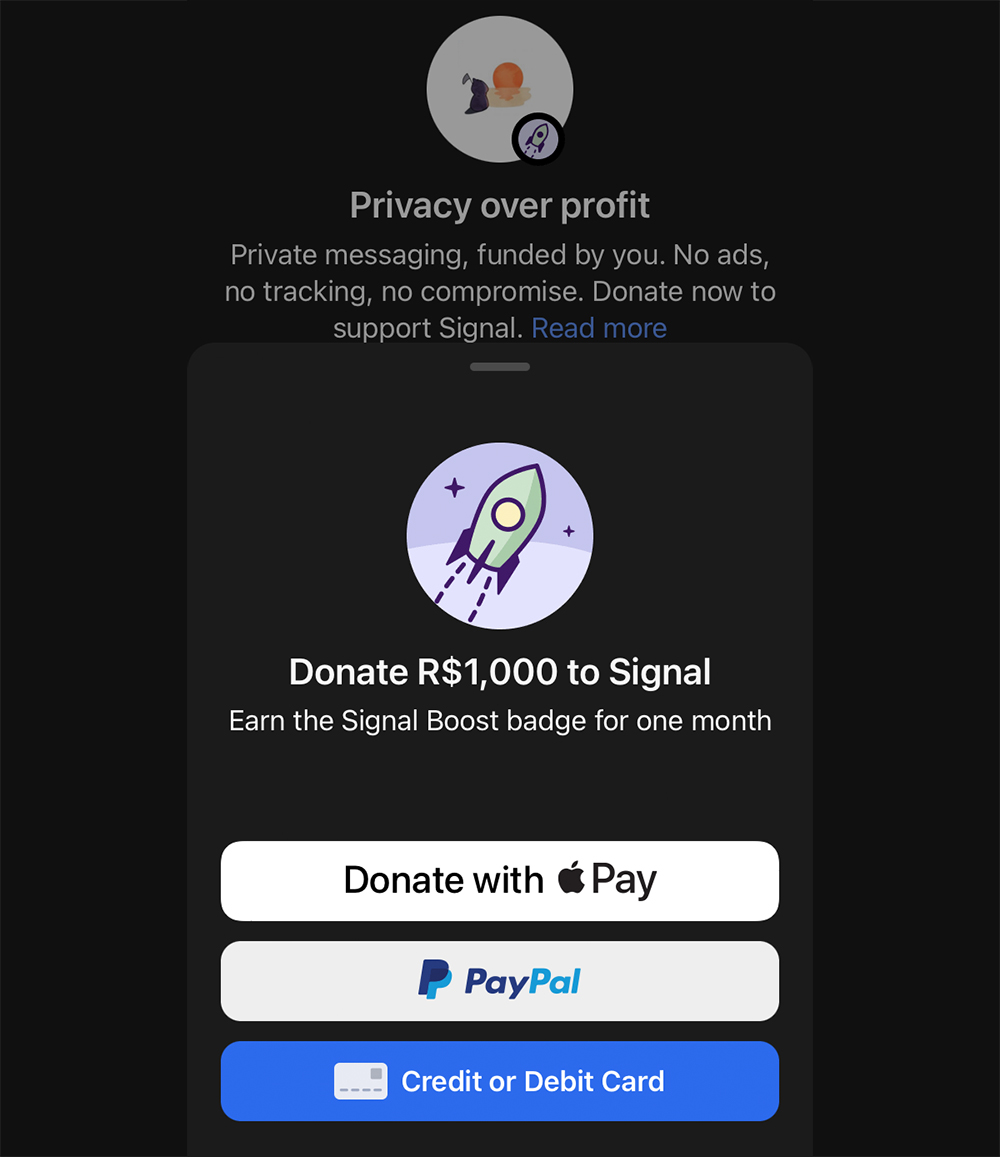 Signal expande suporte para doações via PayPal e cartão de crédito pelo aplicativo