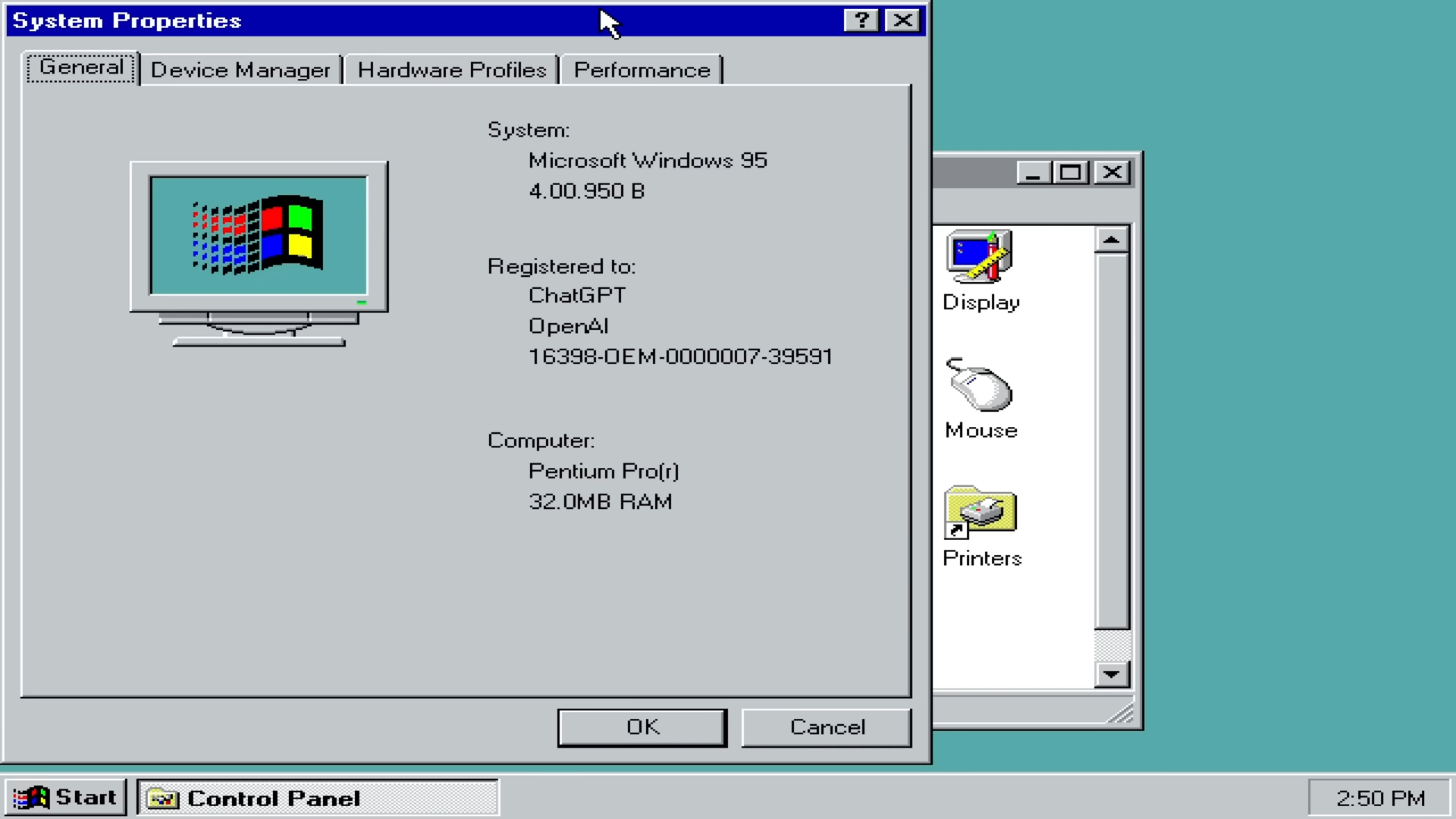 Imagem mostra ativação do Windows 95 feita por chave gerada pelo ChatGPT