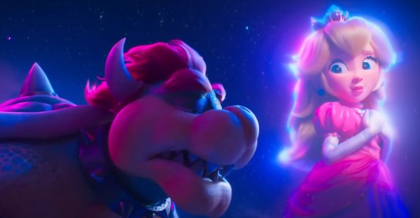 Imagem mostra cena do filme do Super Mario, com o vilão Bowser cantando a música "Peaches"