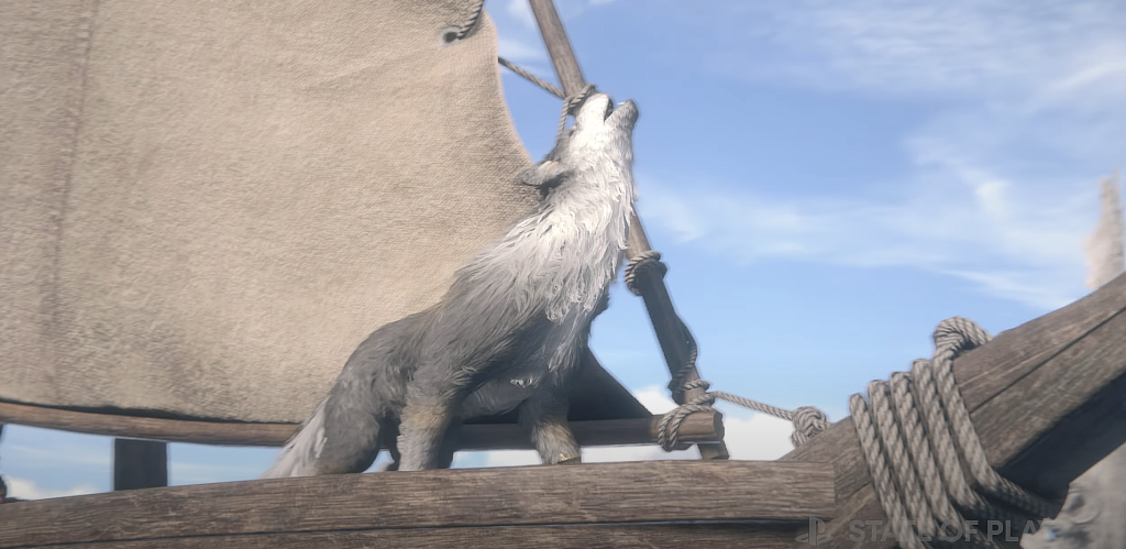 Captura de tela mostra Torgal, o cão de caça que acompanha Clive em Final Fantasy XVI, cena exibida durante o State of Play dedicado ao jogo