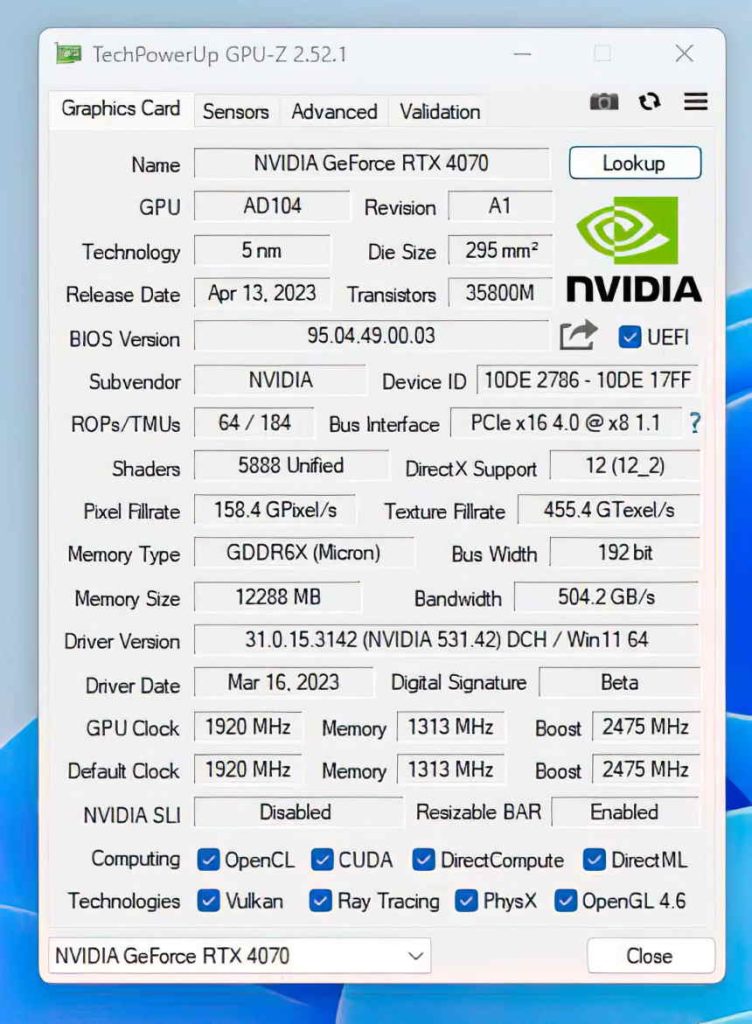 RTX 4070 - GPU Z