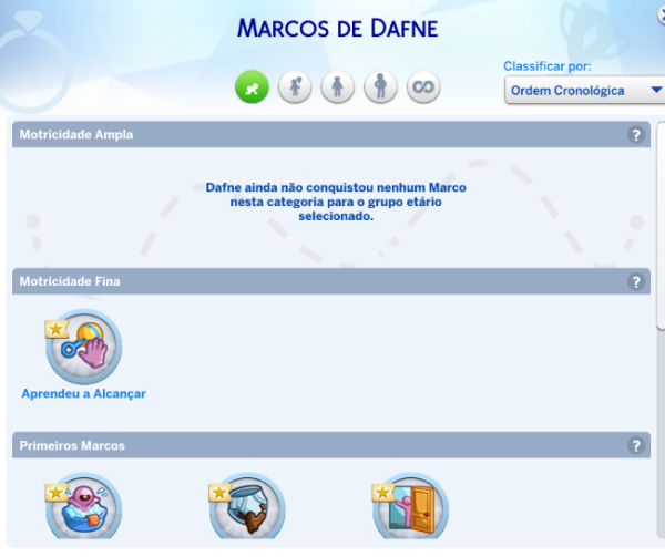 Captura de tela do jogo The Sims 4: A Aventura de Crescer mostrando os marcos de evolução de um bebê de colo