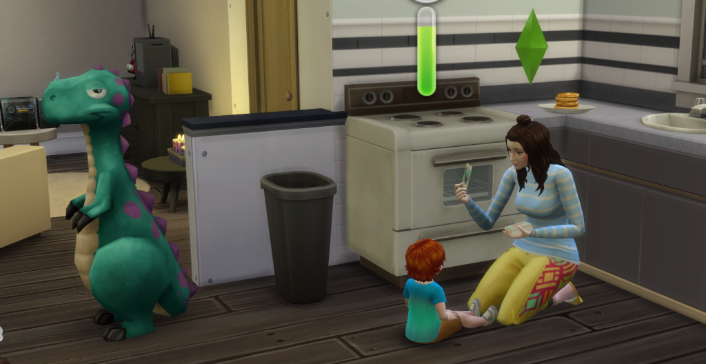 Captura de tela do jogo The Sims 4: A Aventura de Crescer que mostra dois Sims, um adulto e um bebê de colo, interagindo com cartões de aprendizado