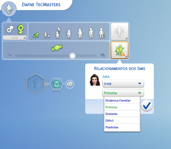 Captura de tela do jogo The Sims 4: A Aventura de Crescer mostrando o grau de compatibilidade de membros da família