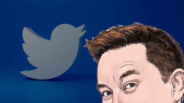 Imagem mostra uma ilustração dos olhos de Elon Musk de olho no logotipo do Twitter