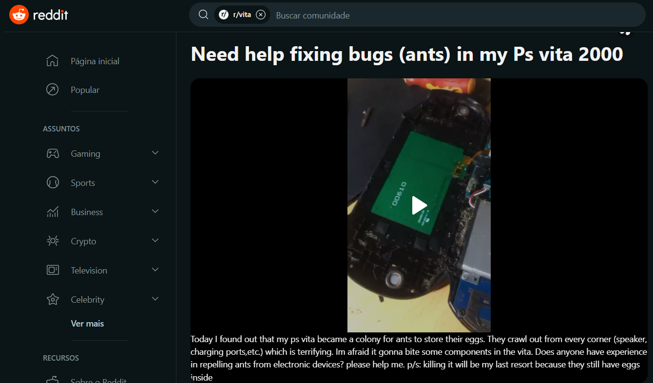 Captura mostra postagem no Reddit sobre um PS Vita invadido por formigas