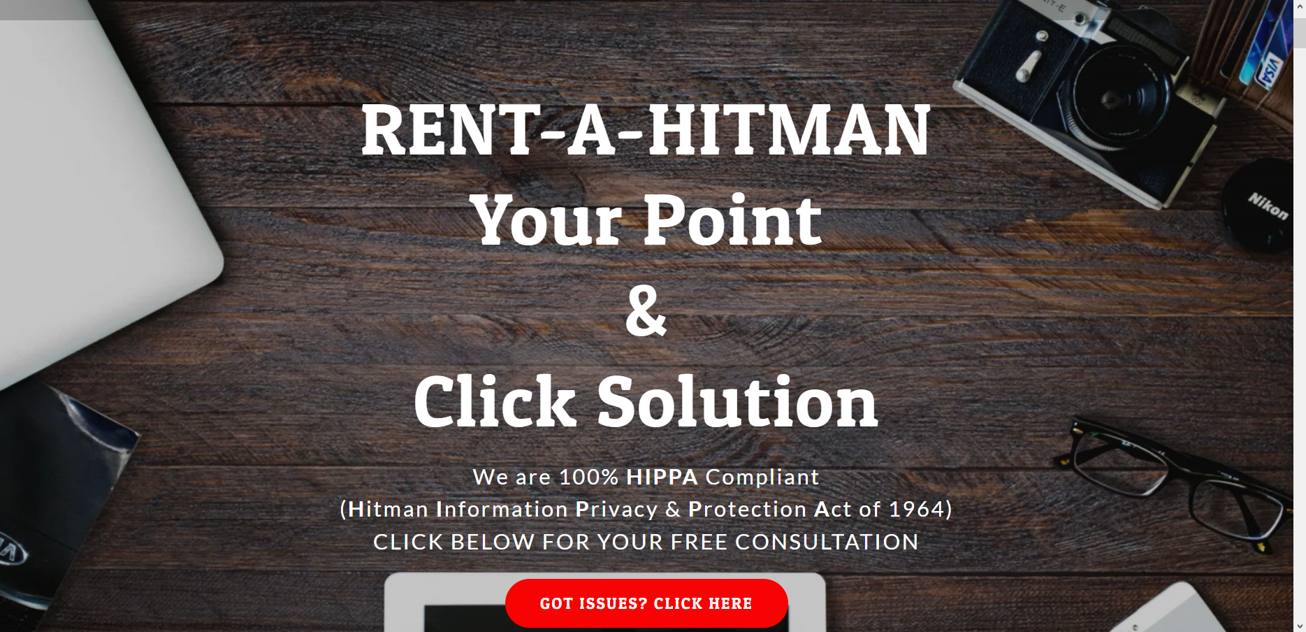 Imagem mostra home page do site Rent-A-Hitman, uma página falsa de paródias sobre currículos de um assassino de aluguel