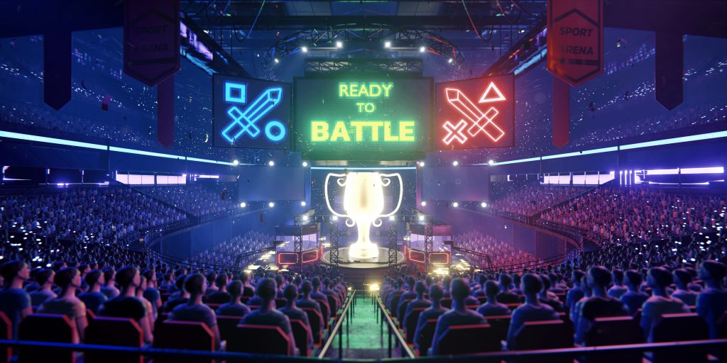 Imagem mostra uma arena de eSports com plateia cheia