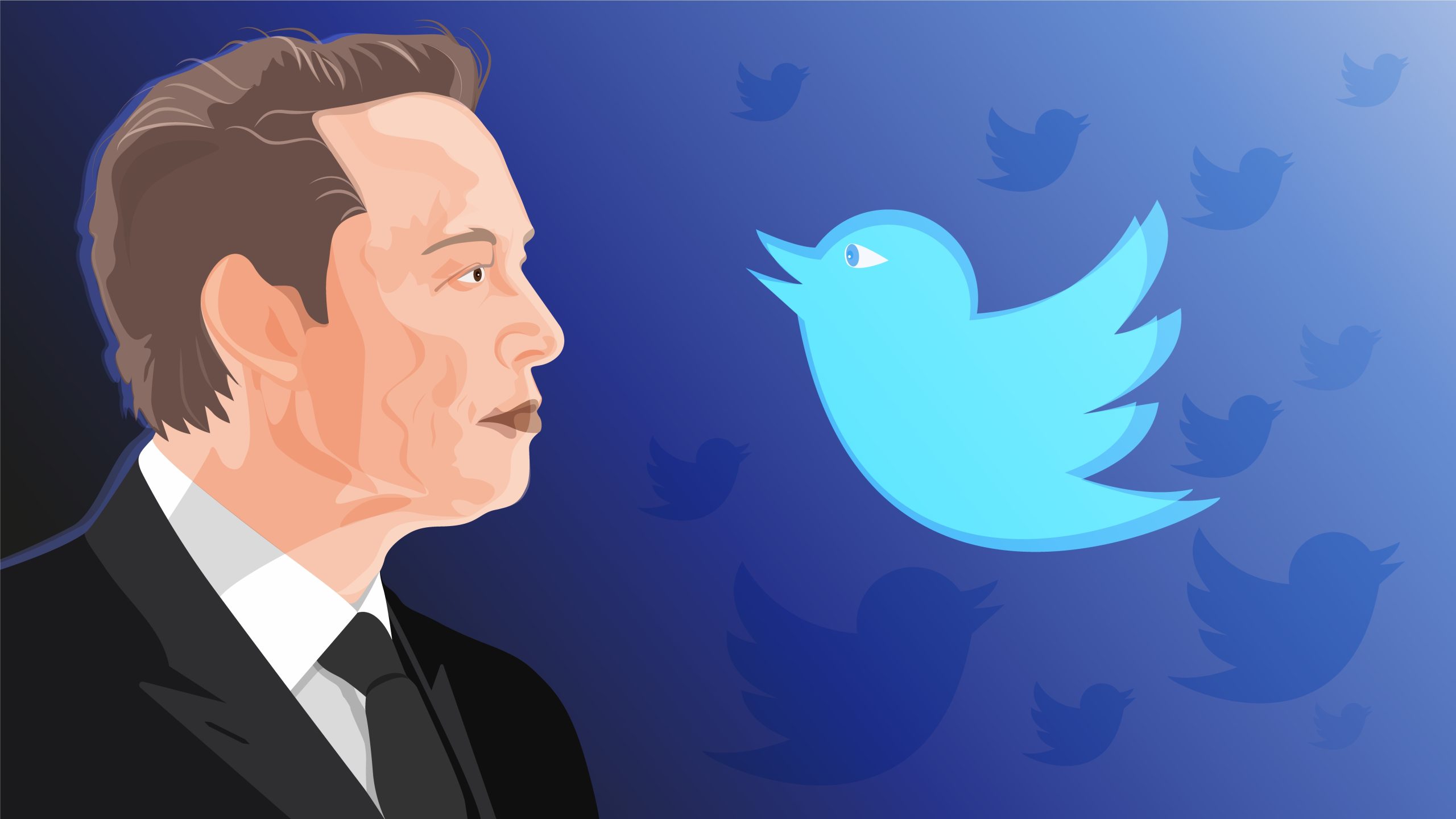 Ilustração mostra Elon Musk olhando para o símbolo do Twitter