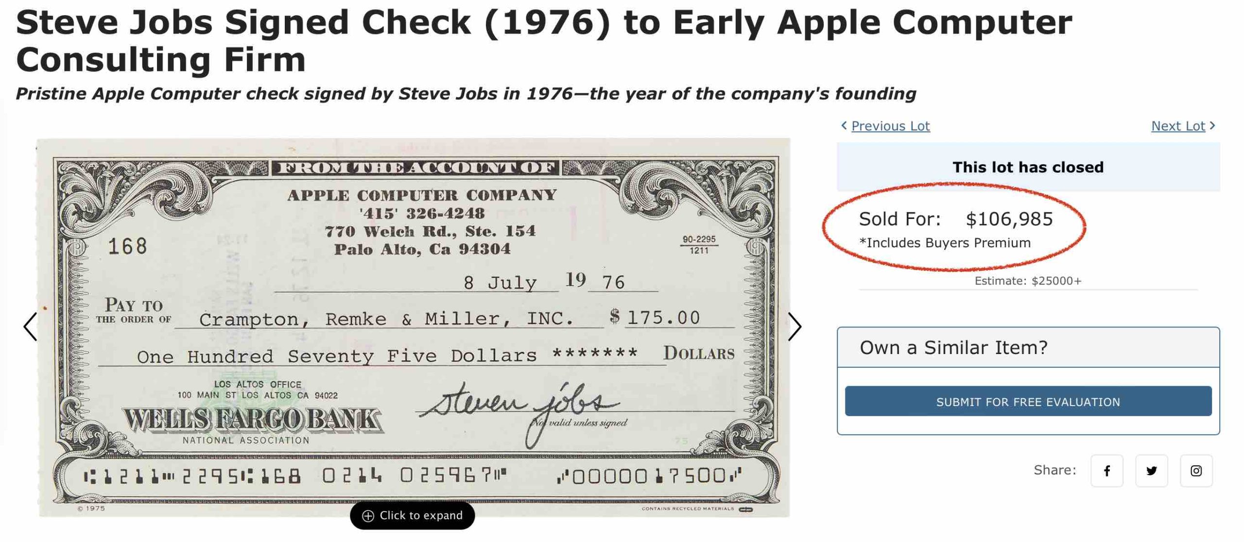 Cheque assinado por Steve Jobs em 1976 é vendido por mais de US$ 100.000