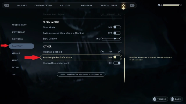 Captura de imagem mostra o menu de opções onde está contemplado o "modo aracnofobia", uma opção de acessibilidade em Star Wars Jedi Survivor