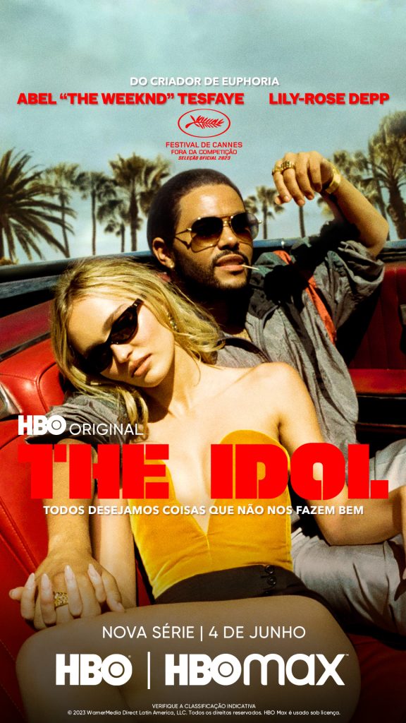 Pôster de divulgação da série THE IDOL, da HBO e A24, estrelada por The Weeknd e Lily-Rose Depp (ambos na imagem, abraçados)