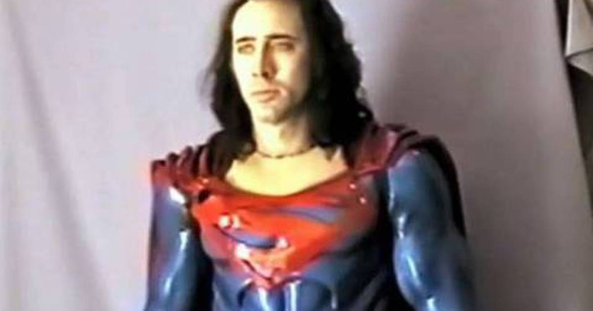 Imagem mostra Nicolas Cage no traje do Superman, em um projeto de filme que acabou cancelado em 1998