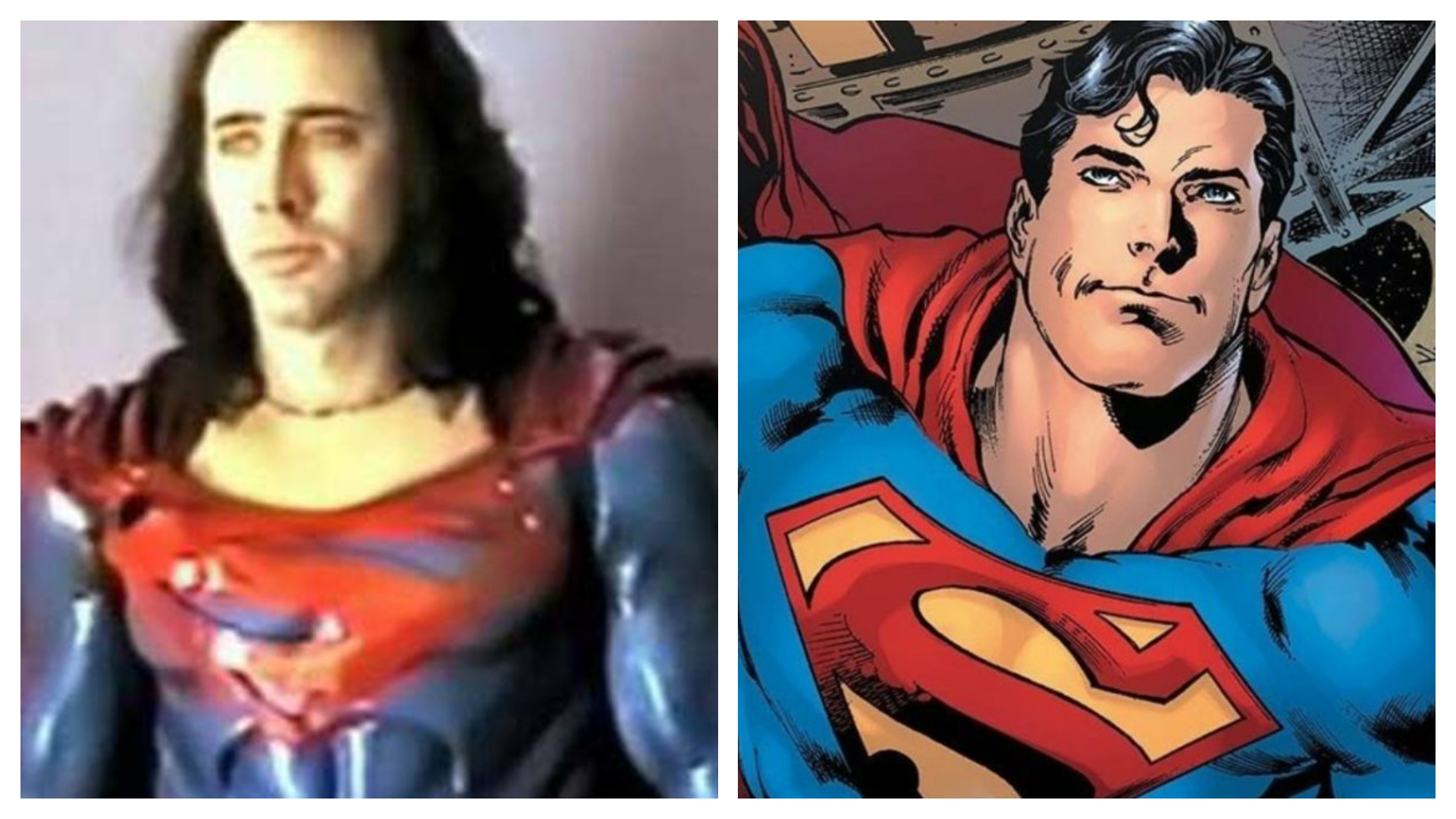 Montagem mostra Nicolas Cage vestido de Superman, ao lado de uma imagem do herói nos quadrinhos