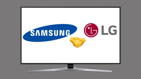 Montagem coloca logotipos da Samsung, LG, o emoji de aperto de mãos dentro de uma Smart TV