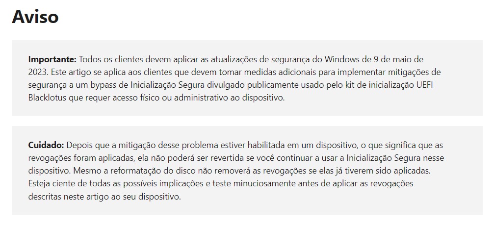 Captura de tela de um aviso feito pela Microsoft aos consumidores para aplicação de patch de segurança do Secure Boot do Windows