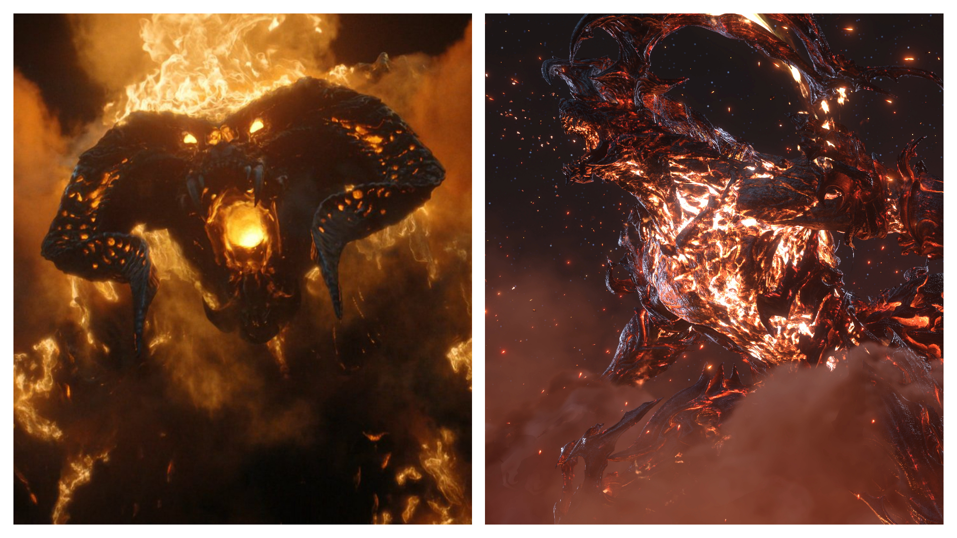 Montagem coloca lado a lado os personagens Balrog, de O Senhor dos Anéis, e Ifrit, de Final Fantasy XVI