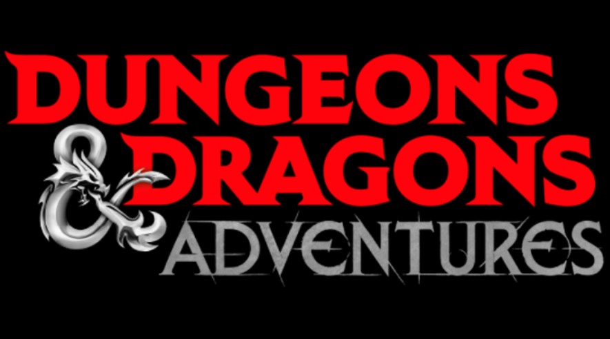 Na imagem aparece o nome do RPG Dungeon & Dragons estilizado em vermelho, e a palabra "Adventure" logo embaixo, ilustrando o canal de TV gratuito da eOne com conteúdo focado no universo de D&D