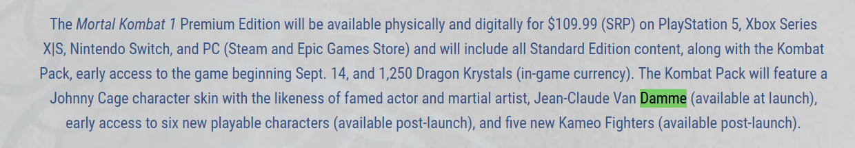 Captura de imagem parcial mostra trecho do FAQ no site oficial de Mortal Kombat 1, confirmando a presença de Jean-Claude Van Damme no jogo