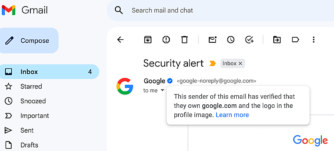 Imagem mostra o selo de verificação do Gmail