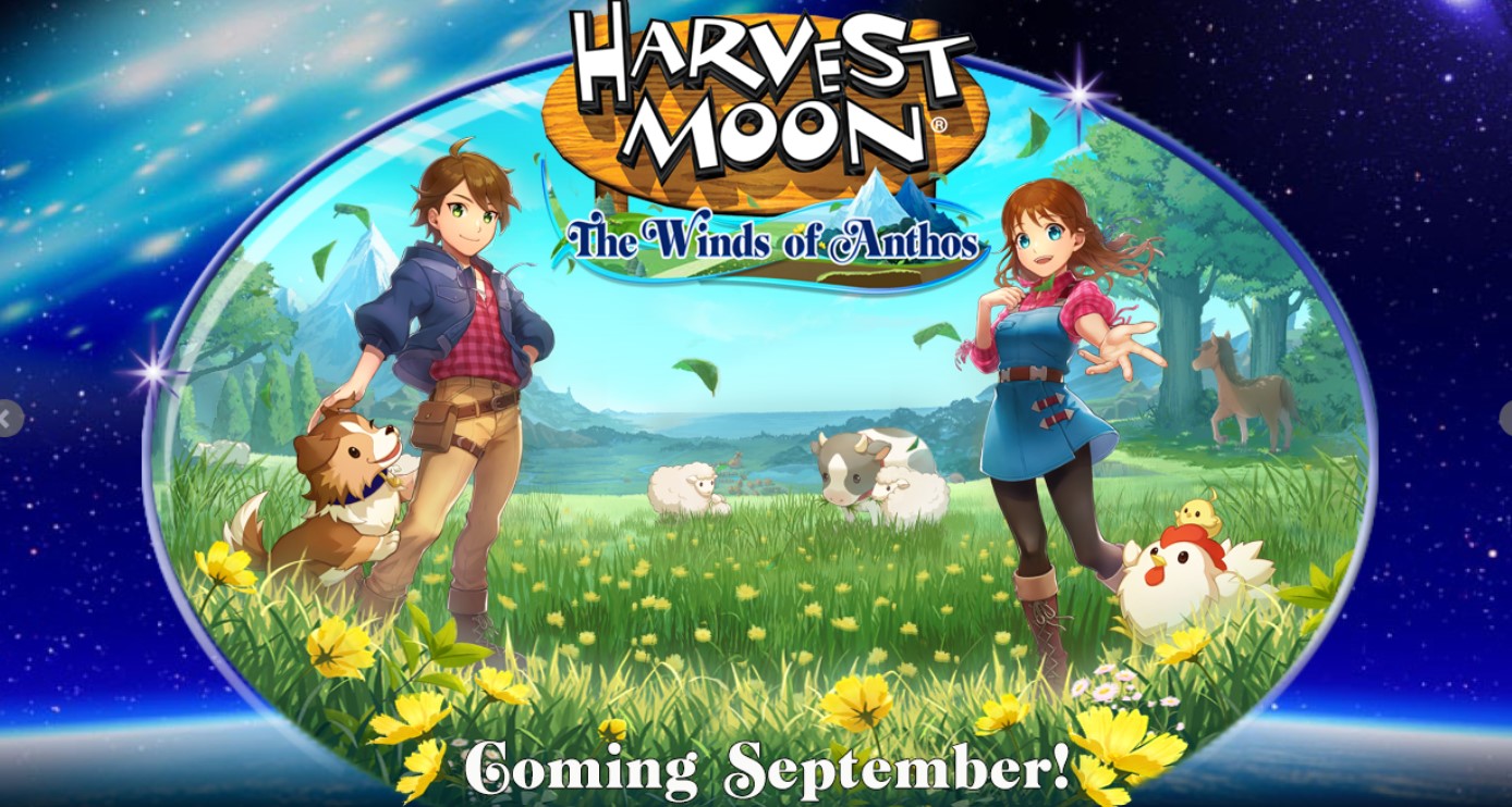 Ilustração que divulga o nome game Harvest Moon: the Winds of Anthos, da Natsume, previsto para setembro de 2023