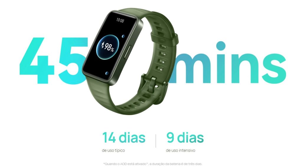 Imagem mostra a nova pulseira inteligente da Huawei, a Band 8, na cor verde e acompanhada de dados sobre o carregamento da bateria que é feito em 45 minutos