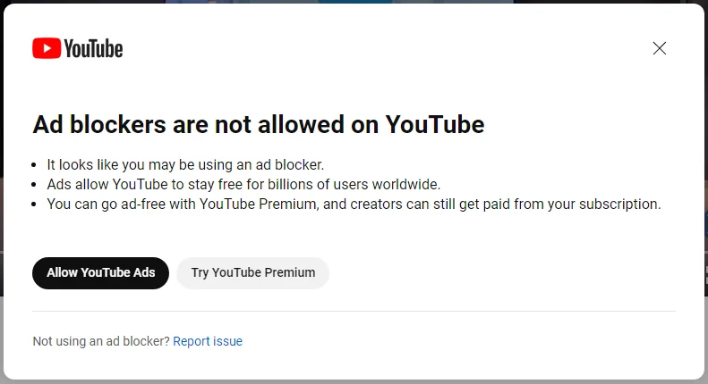 Imagem mostra alerta do YouTube sobre a proibição de adblockers